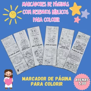 Kit com 6 Marcadores de Página para Colorir – Temas Bíblicos Infantis