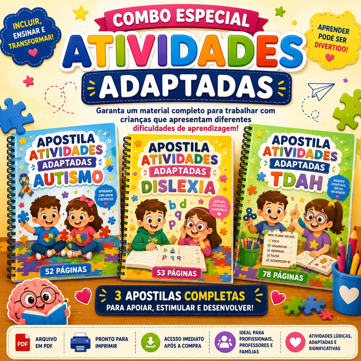 Combo 3 Apostilas Adaptadas para TEA, Dislexia e TDAH